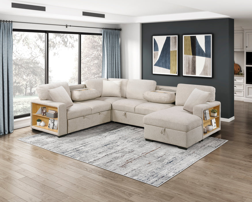 9630BE*42LRC Sectional with Right Chaise, Pull-out Bed, Hidden Storages and Shelves, Charging Ports. By Homelegance.