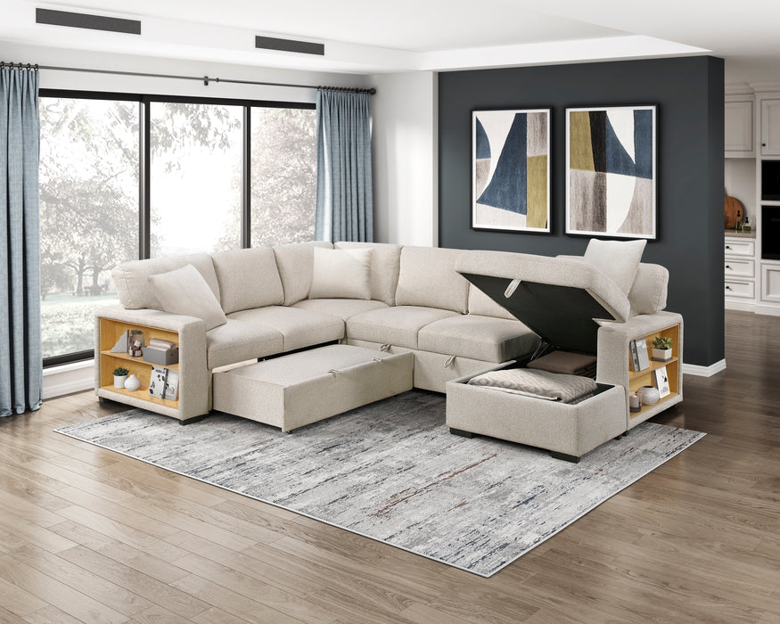 9630BE*42LRC Sectional with Right Chaise, Pull-out Bed, Hidden Storages and Shelves, Charging Ports. By Homelegance.