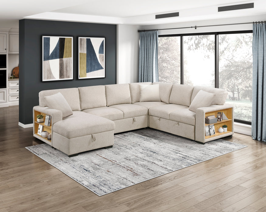 9630BE*4LC2R Sectional with Left Chaise, Pull-out Bed, Hidden Storages and Shelves, Charging Ports. By Homelegance.