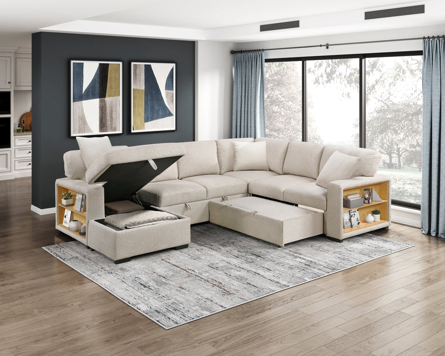 9630BE*4LC2R Sectional with Left Chaise, Pull-out Bed, Hidden Storages and Shelves, Charging Ports. By Homelegance.