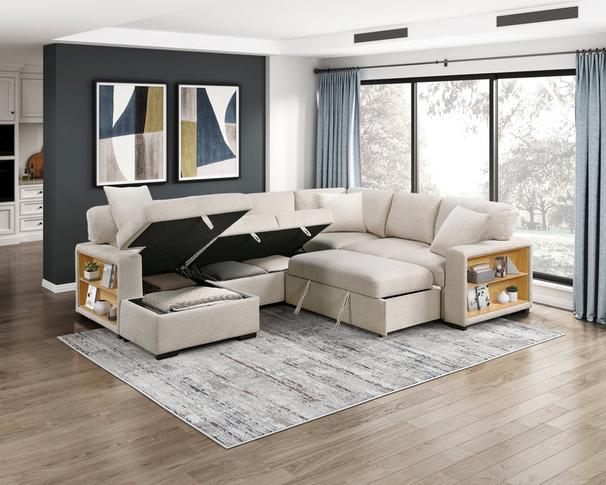 9630BE*4LC2R Sectional with Left Chaise, Pull-out Bed, Hidden Storages and Shelves, Charging Ports. By Homelegance.