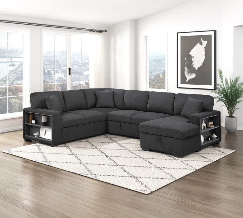 9630BK*42LRC Sectional with Right Chaise, Pull-out Bed, Hidden Storages and Shelves, Charging Ports. By Homelegance.