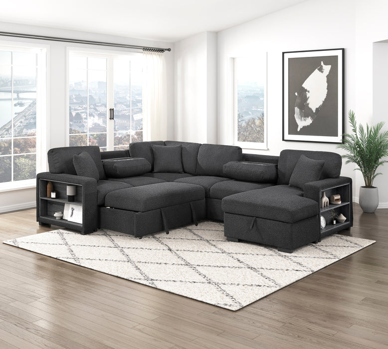 9630BK*42LRC Sectional with Right Chaise, Pull-out Bed, Hidden Storages and Shelves, Charging Ports. By Homelegance.