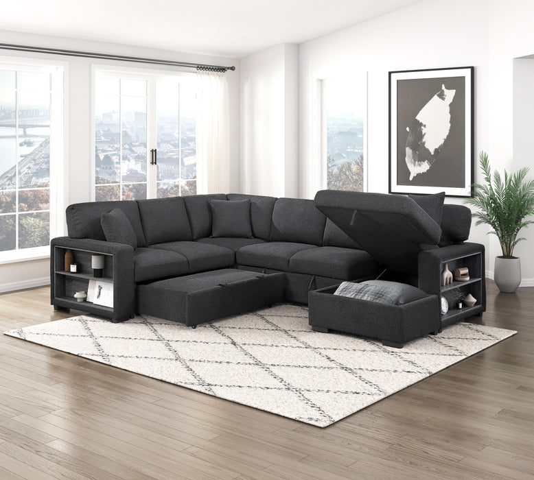 9630BK*42LRC Sectional with Right Chaise, Pull-out Bed, Hidden Storages and Shelves, Charging Ports. By Homelegance.