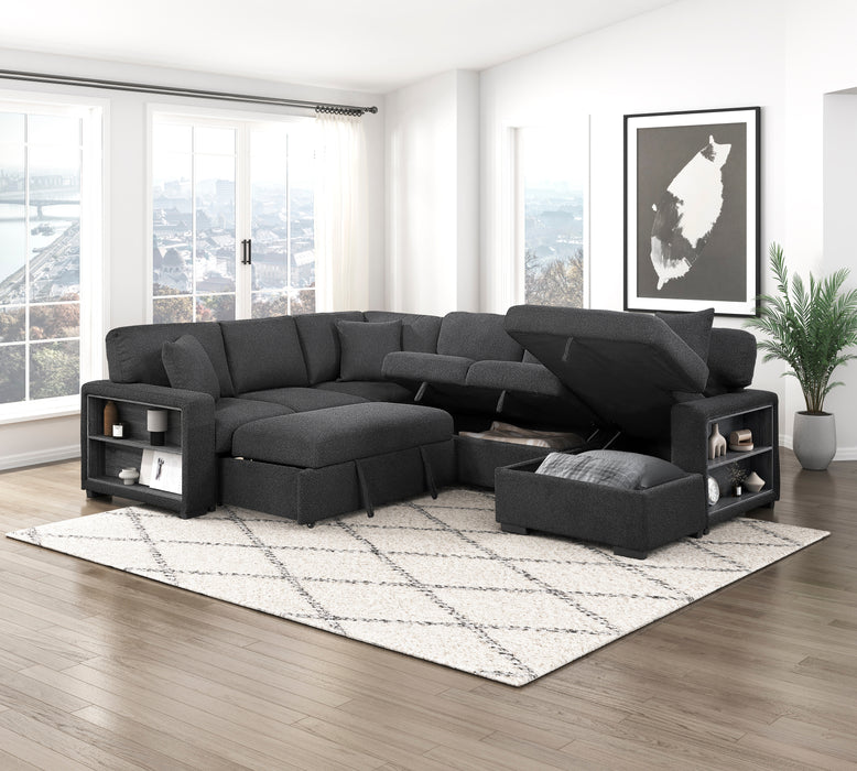 9630BK*42LRC Sectional with Right Chaise, Pull-out Bed, Hidden Storages and Shelves, Charging Ports. By Homelegance.