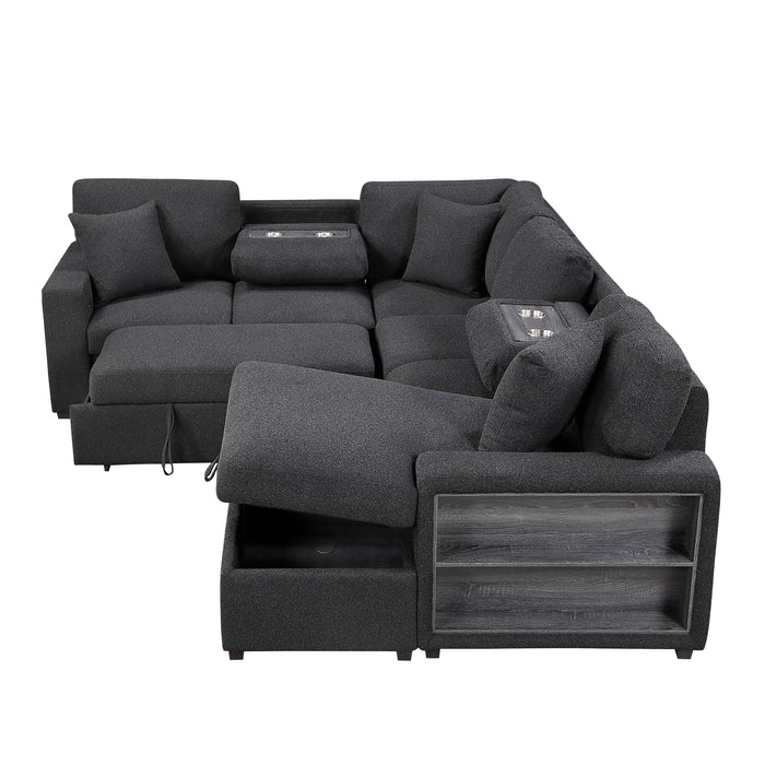 9630BK*42LRC Sectional with Right Chaise, Pull-out Bed, Hidden Storages and Shelves, Charging Ports. By Homelegance.