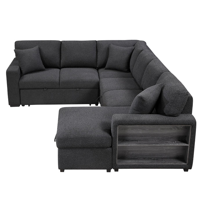 9630BK*42LRC Sectional with Right Chaise, Pull-out Bed, Hidden Storages and Shelves, Charging Ports. By Homelegance.