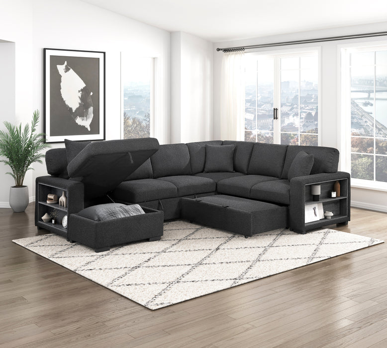9630BK*4LC2R Sectional with Left Chaise, Pull-out Bed, Hidden Storages and Shelves, Charging Ports. By Homelegance.