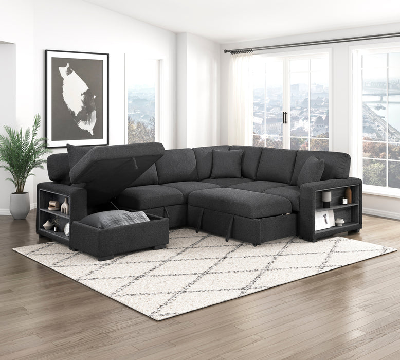 9630BK*4LC2R Sectional with Left Chaise, Pull-out Bed, Hidden Storages and Shelves, Charging Ports. By Homelegance.