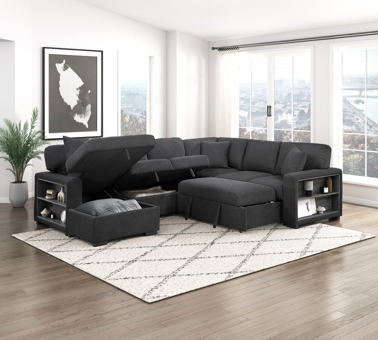 9630BK*4LC2R Sectional with Left Chaise, Pull-out Bed, Hidden Storages and Shelves, Charging Ports. By Homelegance.