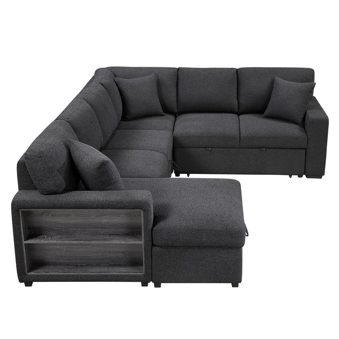 9630BK*4LC2R Sectional with Left Chaise, Pull-out Bed, Hidden Storages and Shelves, Charging Ports. By Homelegance.