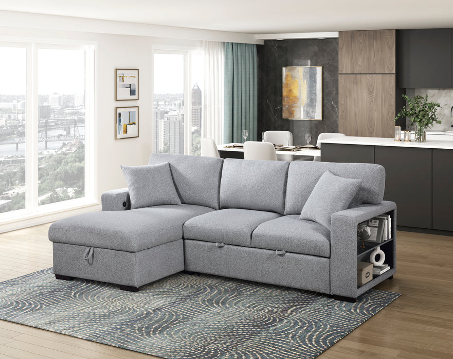 9630GY*2LC2R Sectional with Left Chaise, Pull-out Bed, Hidden Storages and Shelves, Charging Ports. By Homelegance.
