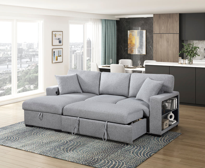 9630GY*2LC2R Sectional with Left Chaise, Pull-out Bed, Hidden Storages and Shelves, Charging Ports. By Homelegance.