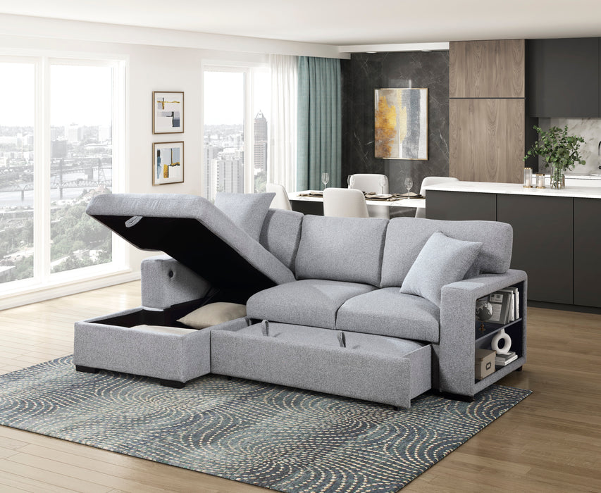 9630GY*2LC2R Sectional with Left Chaise, Pull-out Bed, Hidden Storages and Shelves, Charging Ports. By Homelegance.