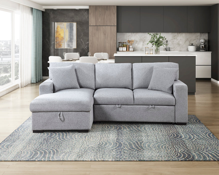 9630GY*2LC2R Sectional with Left Chaise, Pull-out Bed, Hidden Storages and Shelves, Charging Ports. By Homelegance.