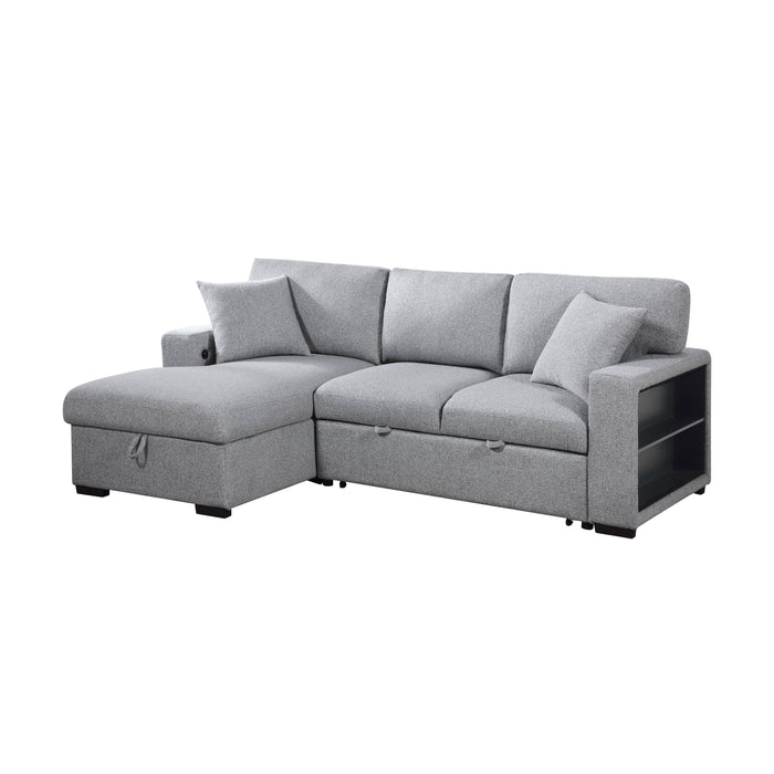 9630GY*2LC2R Sectional with Left Chaise, Pull-out Bed, Hidden Storages and Shelves, Charging Ports. By Homelegance.