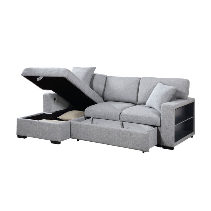 9630GY*2LC2R Sectional with Left Chaise, Pull-out Bed, Hidden Storages and Shelves, Charging Ports. By Homelegance.