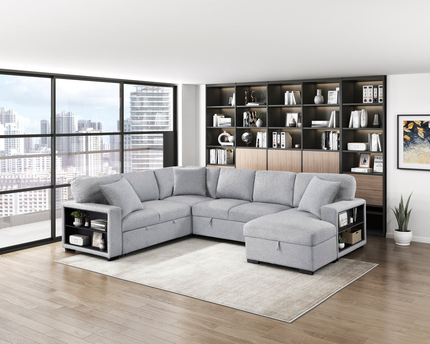 9630GY*42LRC Sectional with Right Chaise, Pull-out Bed, Hidden Storages and Shelves, Charging Ports. By Homelegance.