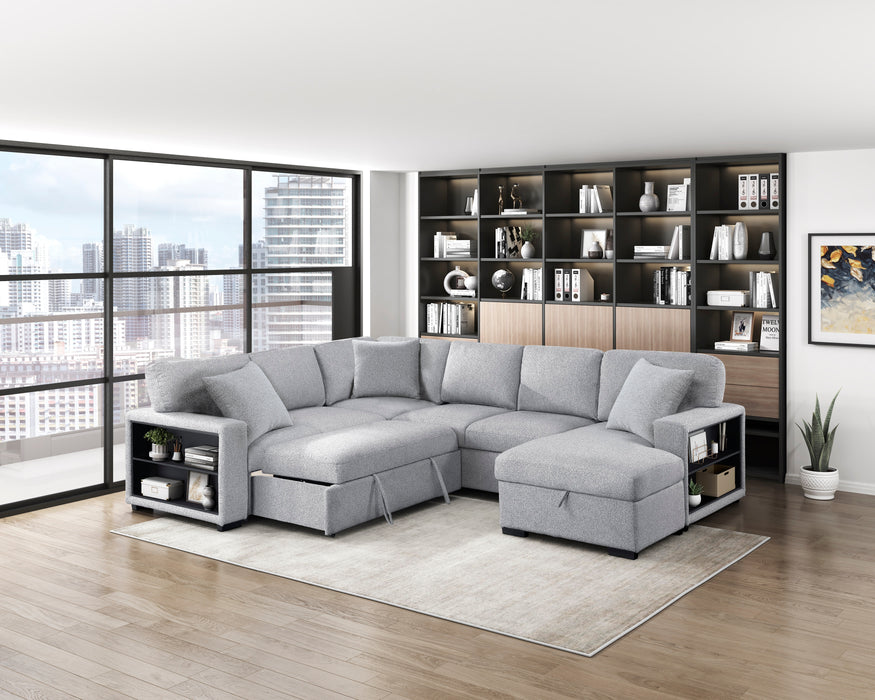 9630GY*42LRC Sectional with Right Chaise, Pull-out Bed, Hidden Storages and Shelves, Charging Ports. By Homelegance.