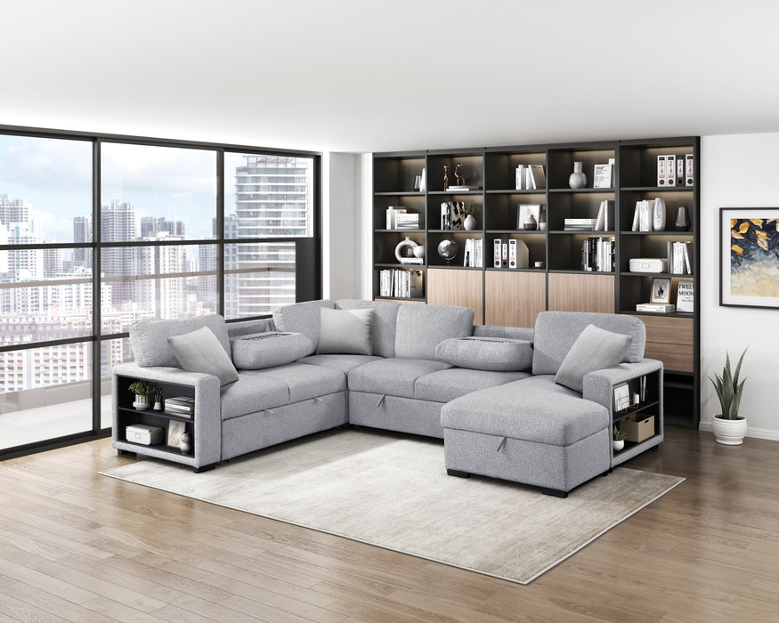 9630GY*42LRC Sectional with Right Chaise, Pull-out Bed, Hidden Storages and Shelves, Charging Ports. By Homelegance.