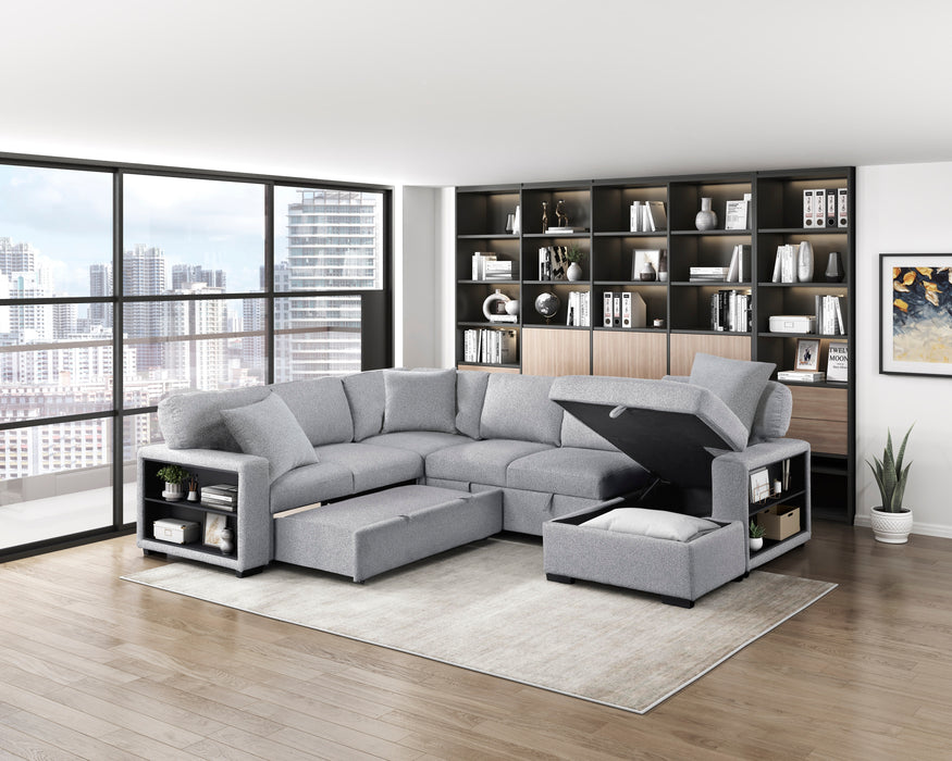 9630GY*42LRC Sectional with Right Chaise, Pull-out Bed, Hidden Storages and Shelves, Charging Ports. By Homelegance.