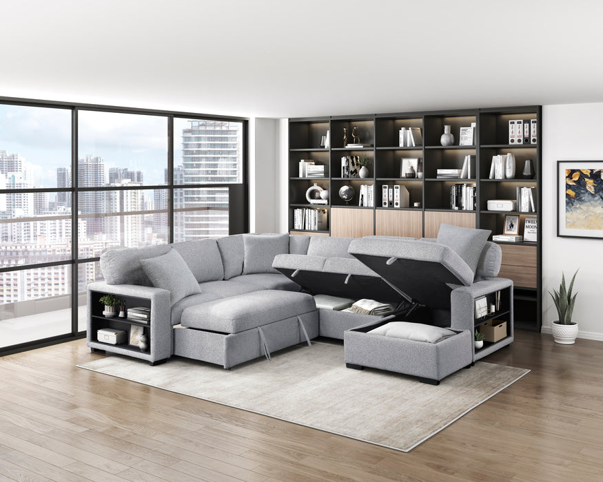 9630GY*42LRC Sectional with Right Chaise, Pull-out Bed, Hidden Storages and Shelves, Charging Ports. By Homelegance.