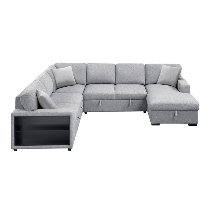 9630GY*42LRC Sectional with Right Chaise, Pull-out Bed, Hidden Storages and Shelves, Charging Ports. By Homelegance.