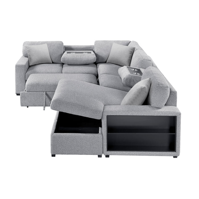 9630GY*42LRC Sectional with Right Chaise, Pull-out Bed, Hidden Storages and Shelves, Charging Ports. By Homelegance.