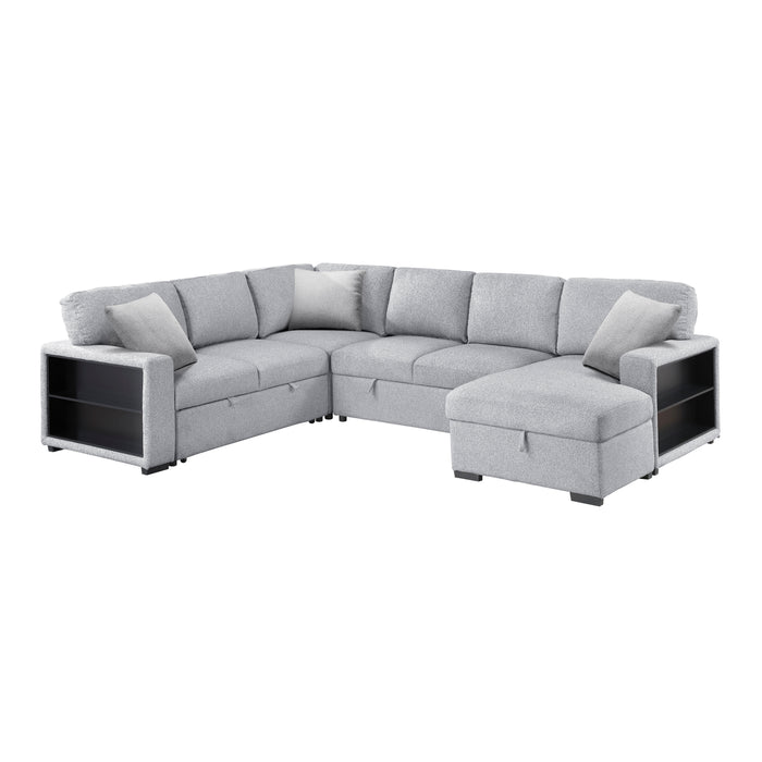 9630GY*42LRC Sectional with Right Chaise, Pull-out Bed, Hidden Storages and Shelves, Charging Ports. By Homelegance.