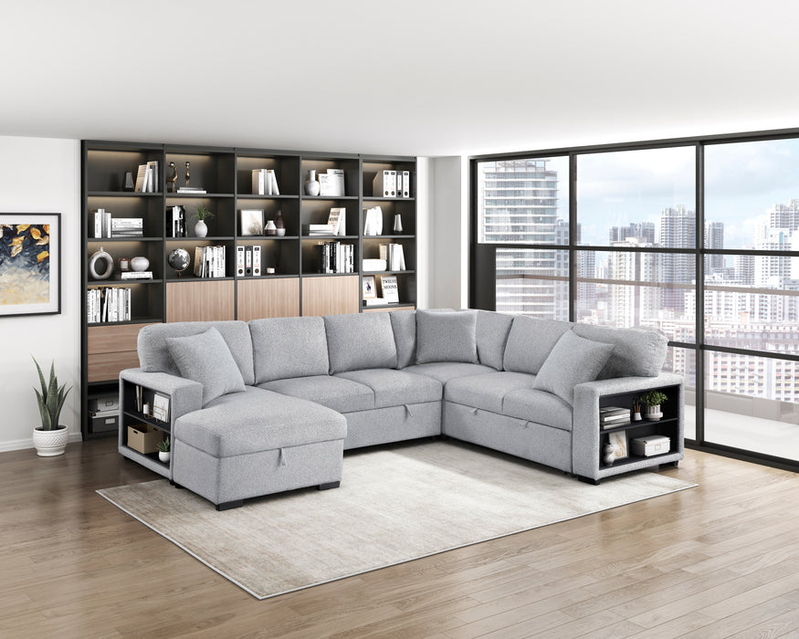 9630GY*4LC2R Sectional with Left Chaise, Pull-out Bed, Hidden Storages and Shelves, Charging Ports. By Homelegance.