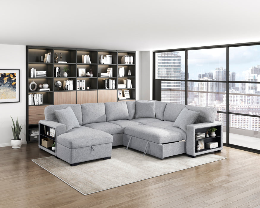 9630GY*4LC2R Sectional with Left Chaise, Pull-out Bed, Hidden Storages and Shelves, Charging Ports. By Homelegance.