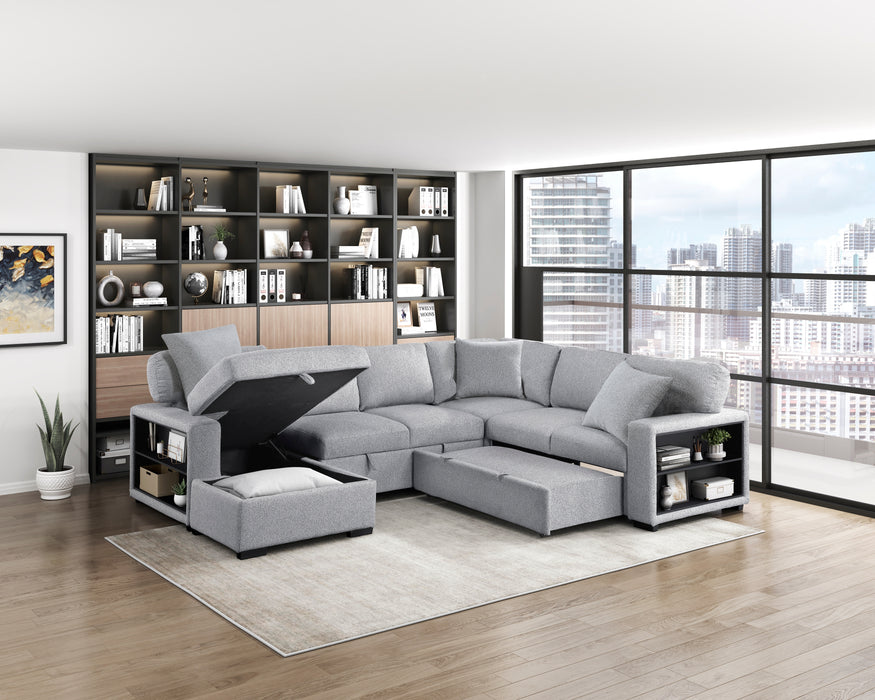 9630GY*4LC2R Sectional with Left Chaise, Pull-out Bed, Hidden Storages and Shelves, Charging Ports. By Homelegance.