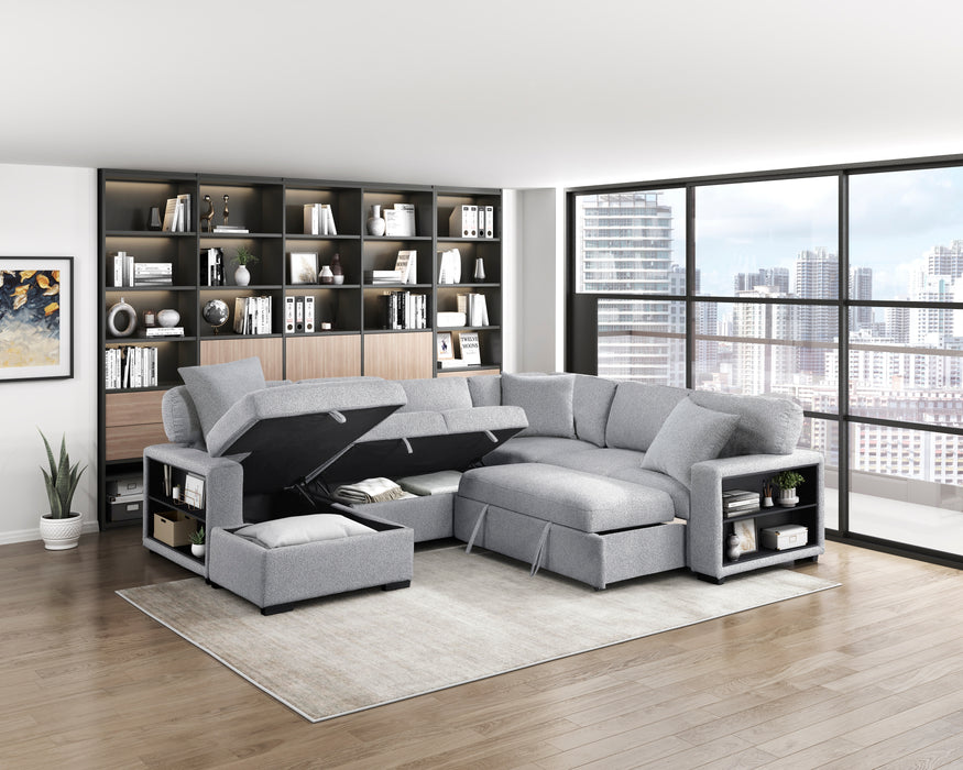 9630GY*4LC2R Sectional with Left Chaise, Pull-out Bed, Hidden Storages and Shelves, Charging Ports. By Homelegance.