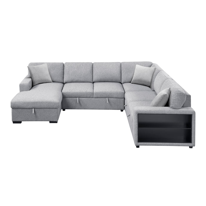 9630GY*4LC2R Sectional with Left Chaise, Pull-out Bed, Hidden Storages and Shelves, Charging Ports. By Homelegance.