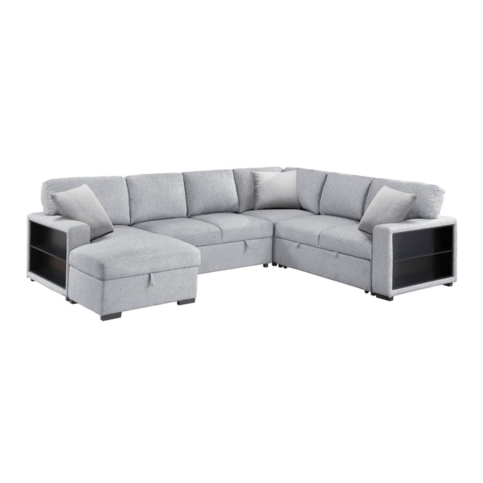 9630GY*4LC2R Sectional with Left Chaise, Pull-out Bed, Hidden Storages and Shelves, Charging Ports. By Homelegance.