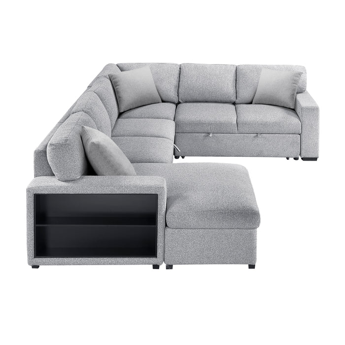 9630GY*4LC2R Sectional with Left Chaise, Pull-out Bed, Hidden Storages and Shelves, Charging Ports. By Homelegance.