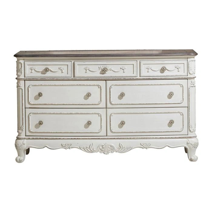Cinderella 7 Drawer Dresser in Antique White with Grey Rub-Through