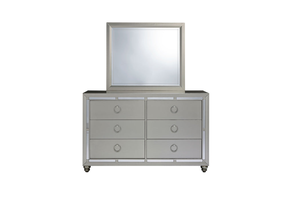 RILEY SILVER QUEEN BED, DRESSER, MIRROR AND 2 NIGHTSTANDS
